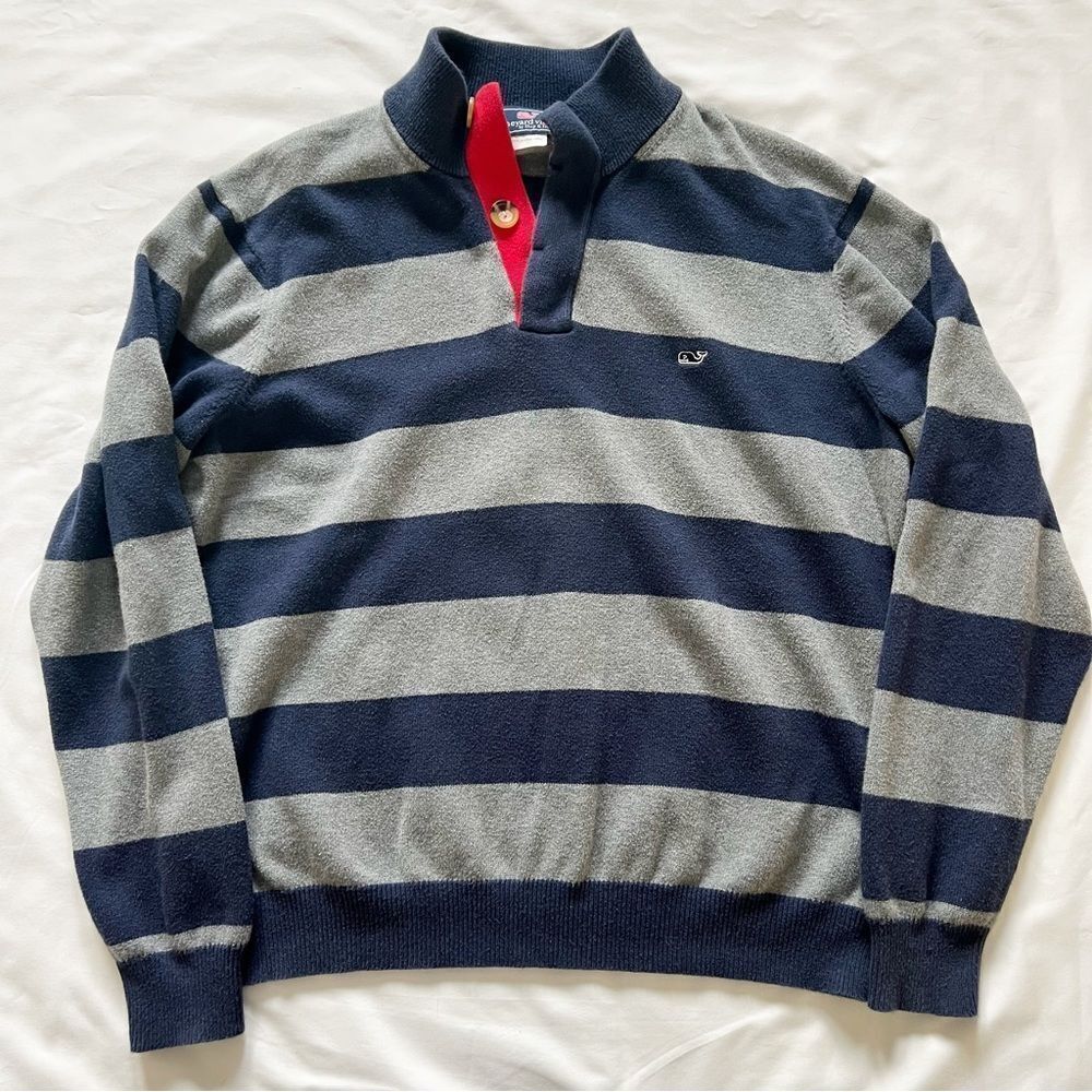 Vineyard Vines striped cotton sweater blue gray with buttons men’s size L